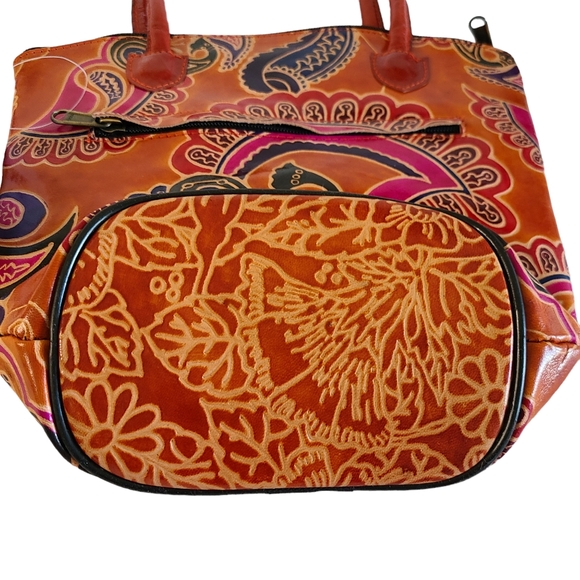 NWT Zint Leather handbag Bucket Bohemian Ethnic Brown Paisley Business - Picture 5 of 6